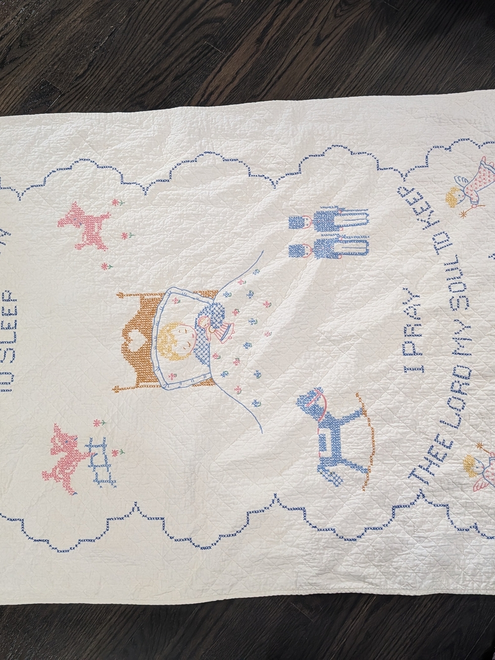 Kids Nursery vintage cross stitch blanket quilt lay me down to sleep prayer